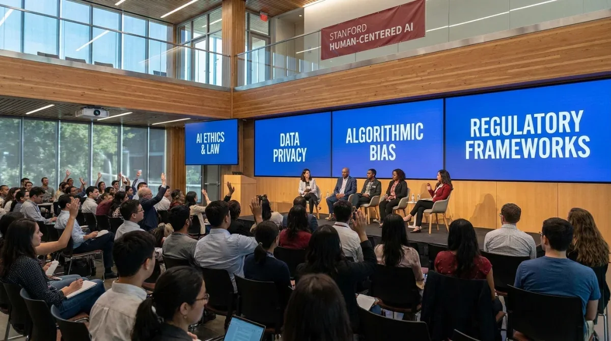 Cientistas de inteligência artificial debatendo ética e tecnologia em auditório