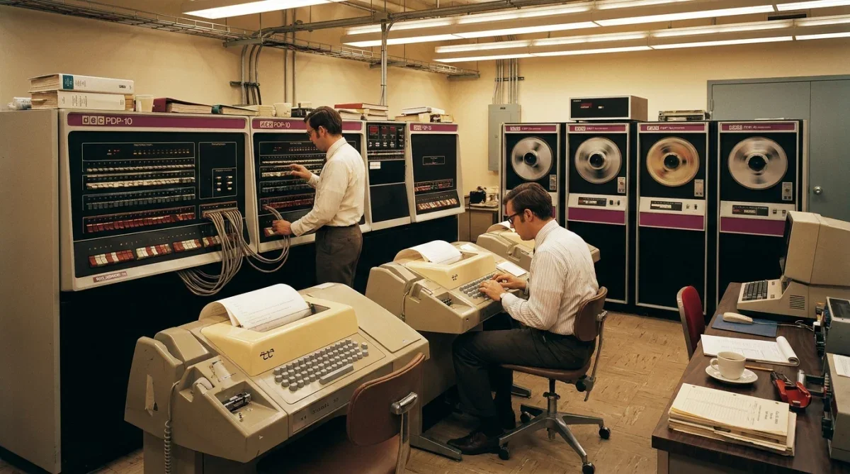 Mainframe PDP-10 em laboratório de informática dos anos 1970 onde rodou o primeiro vírus de computador.
