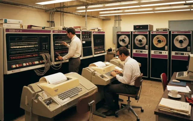 Mainframe PDP-10 em laboratório de informática dos anos 1970 onde rodou o primeiro vírus de computador.