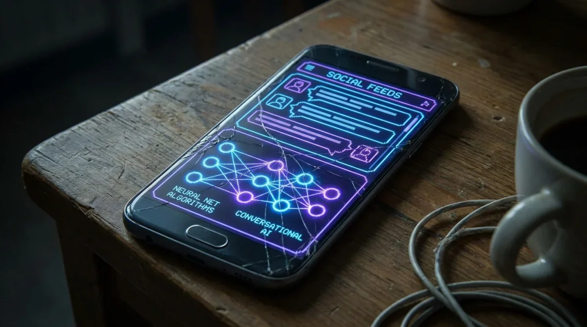 Tela de celular mostrando conexões neurais e conversas de redes sociais representando o aprendizado de máquina em tempo real.