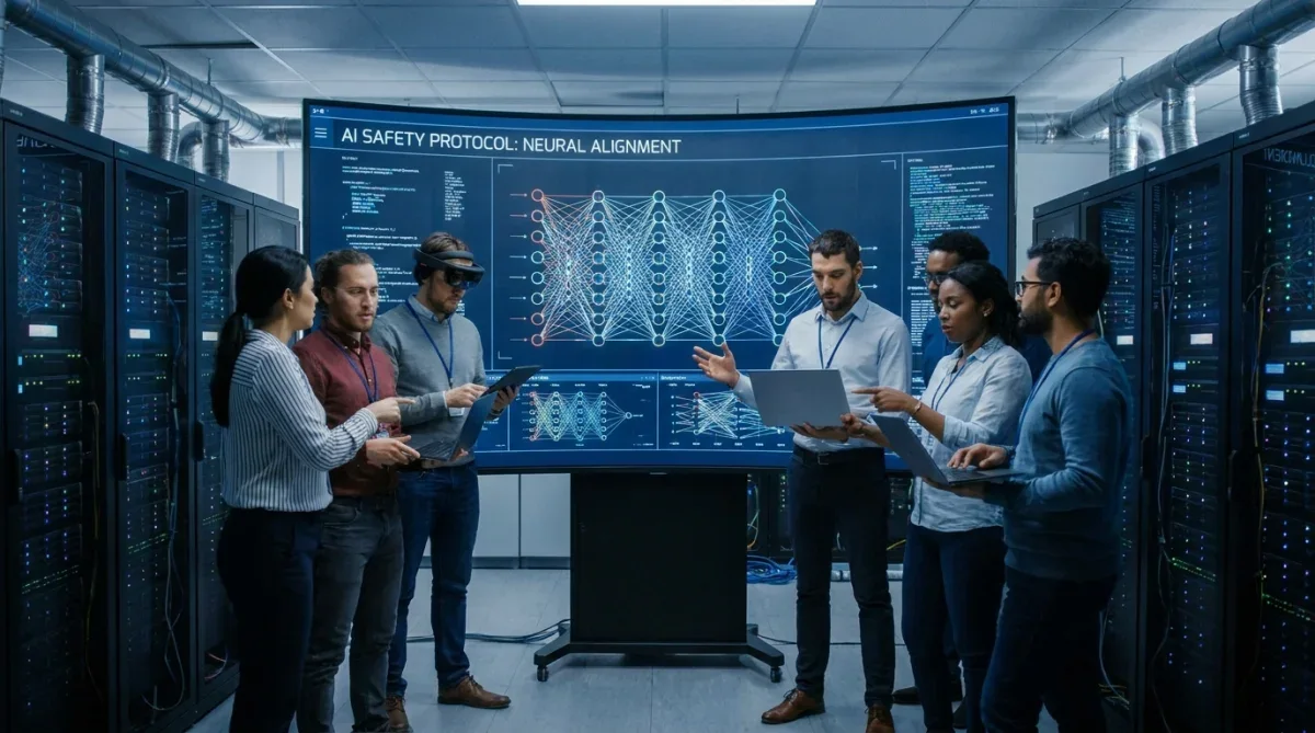 Especialistas em tecnologia analisando dados de segurança e alinhamento de inteligência artificial em computadores modernos.