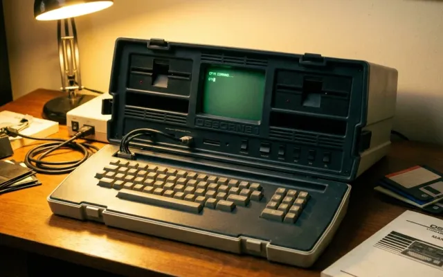 Computador portátil Osborne 1 aberto sobre uma mesa de madeira exibindo tela compacta e teclado integrado.