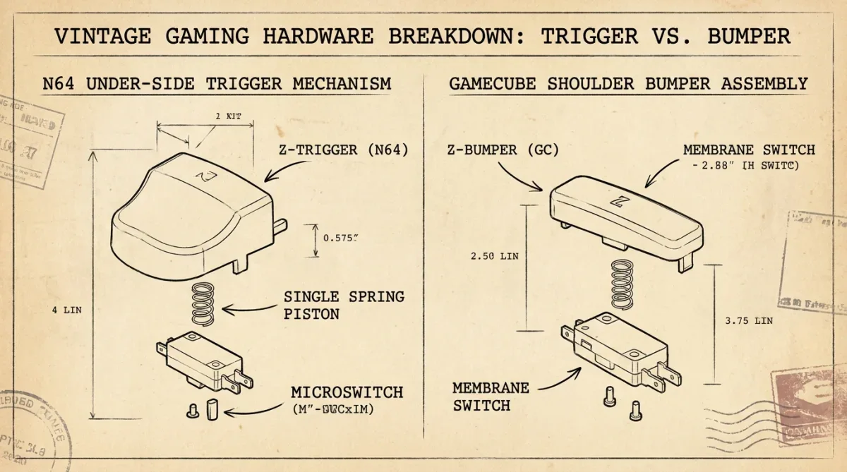 Comparação de design entre o controle do Nintendo 64 e o controle do GameCube destacando a posição do botão Z.