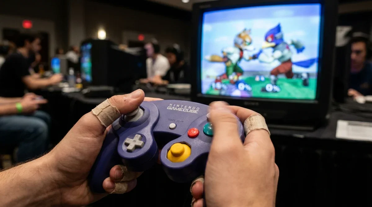 Mãos de jogador segurando o controle de GameCube durante partida frenética de videogame.
