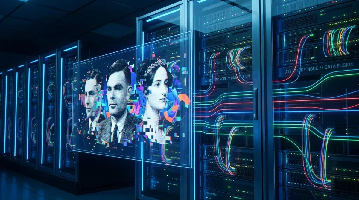 Representação gráfica de inteligência artificial processando dados e imagens históricas com efeitos visuais tecnológicos.