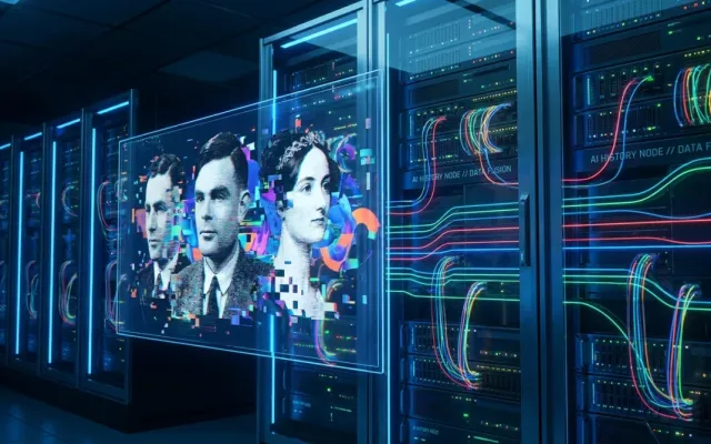 Representação gráfica de inteligência artificial processando dados e imagens históricas com efeitos visuais tecnológicos.