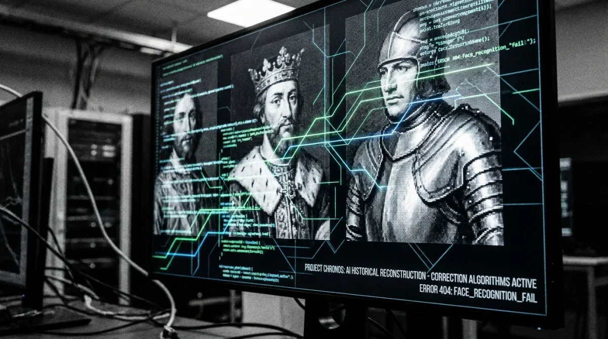 Ilustração conceitual de figuras históricas geradas por inteligência artificial com códigos de programação ao fundo.