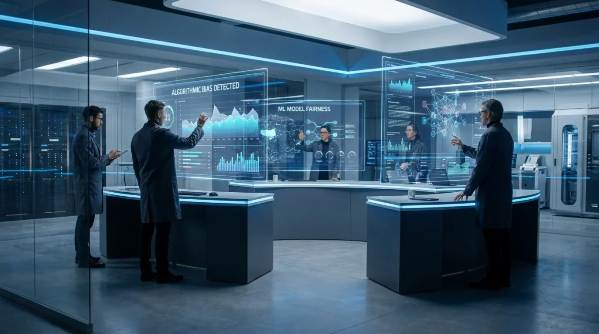 Profissionais de tecnologia analisando gráficos de desempenho e alinhamento de inteligência artificial em telas digitais.