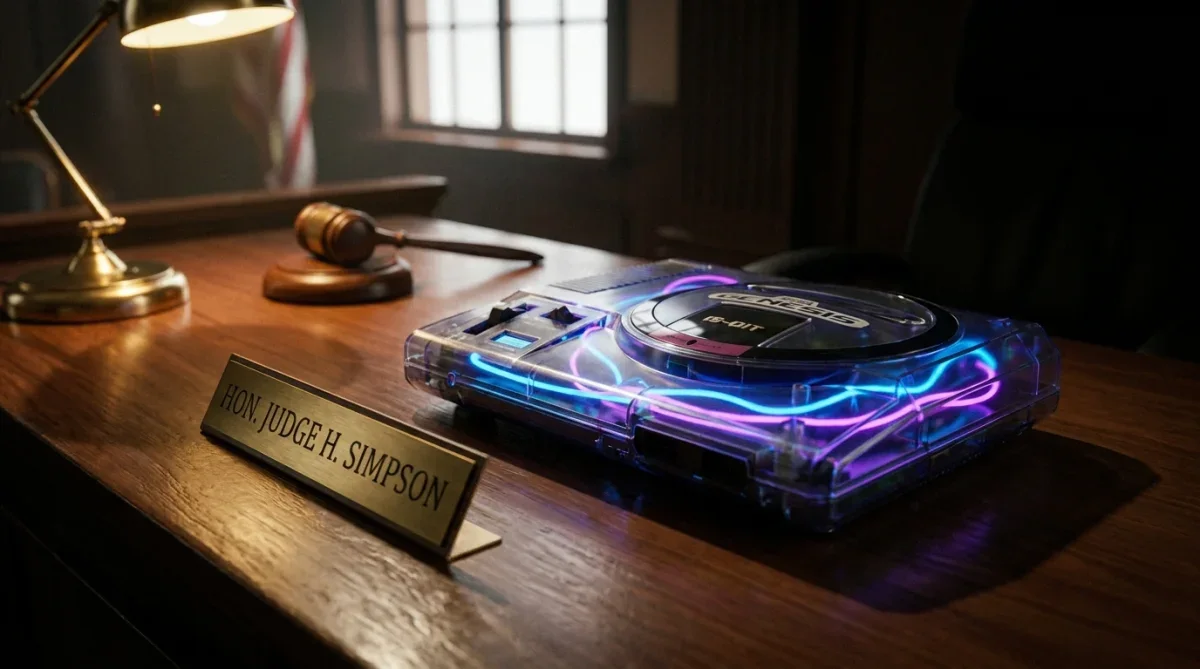 Console dos anos 90 em mesa jurídica representando a disputa entre Sega e governo americano