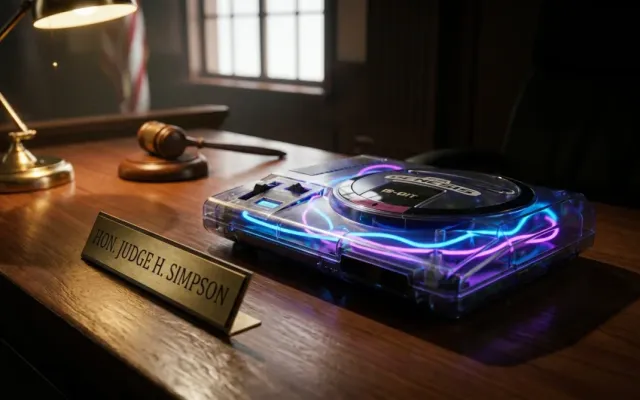 Console dos anos 90 em mesa jurídica representando a disputa entre Sega e governo americano