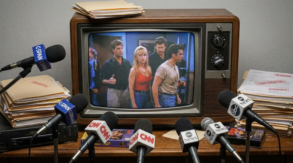 Tela de tubo mostrando jogo Night Trap com microfones parlamentares