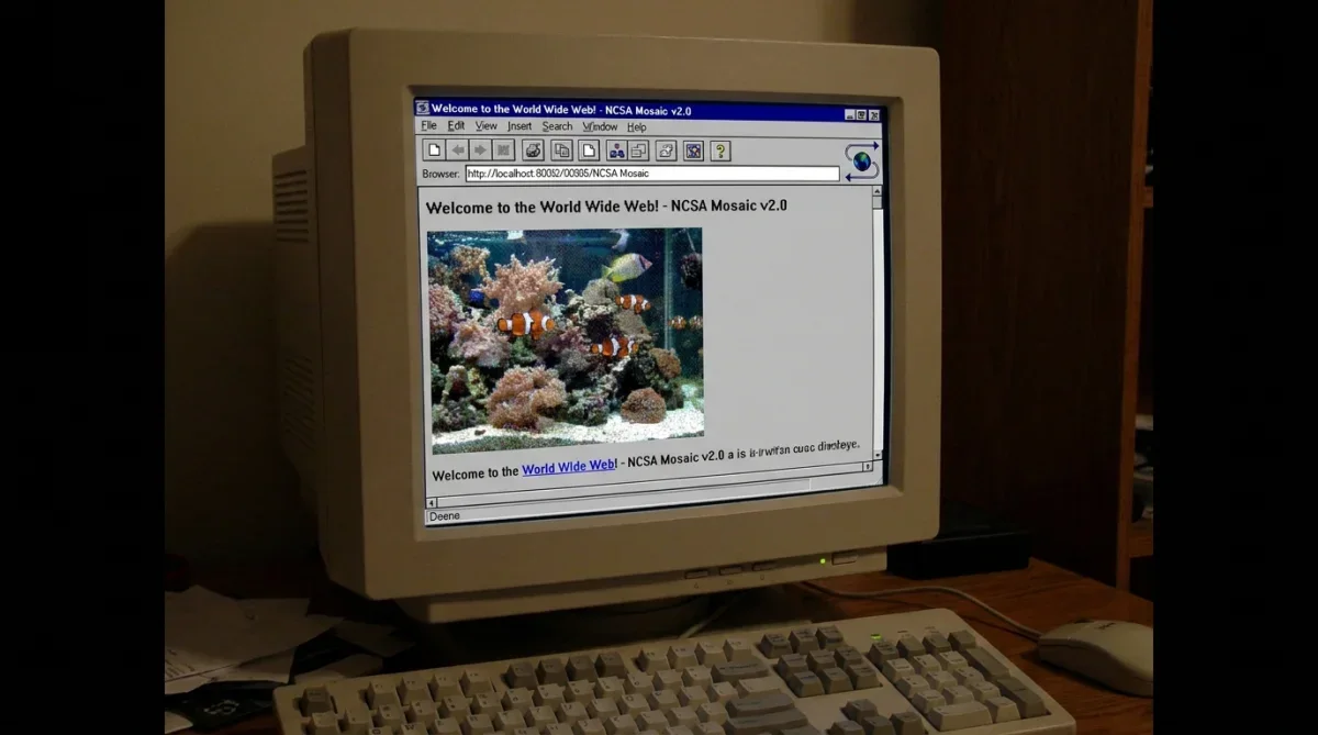 Monitor de tubo antigo dos anos 90 exibindo o navegador Mosaic com uma imagem de peixe em aquário