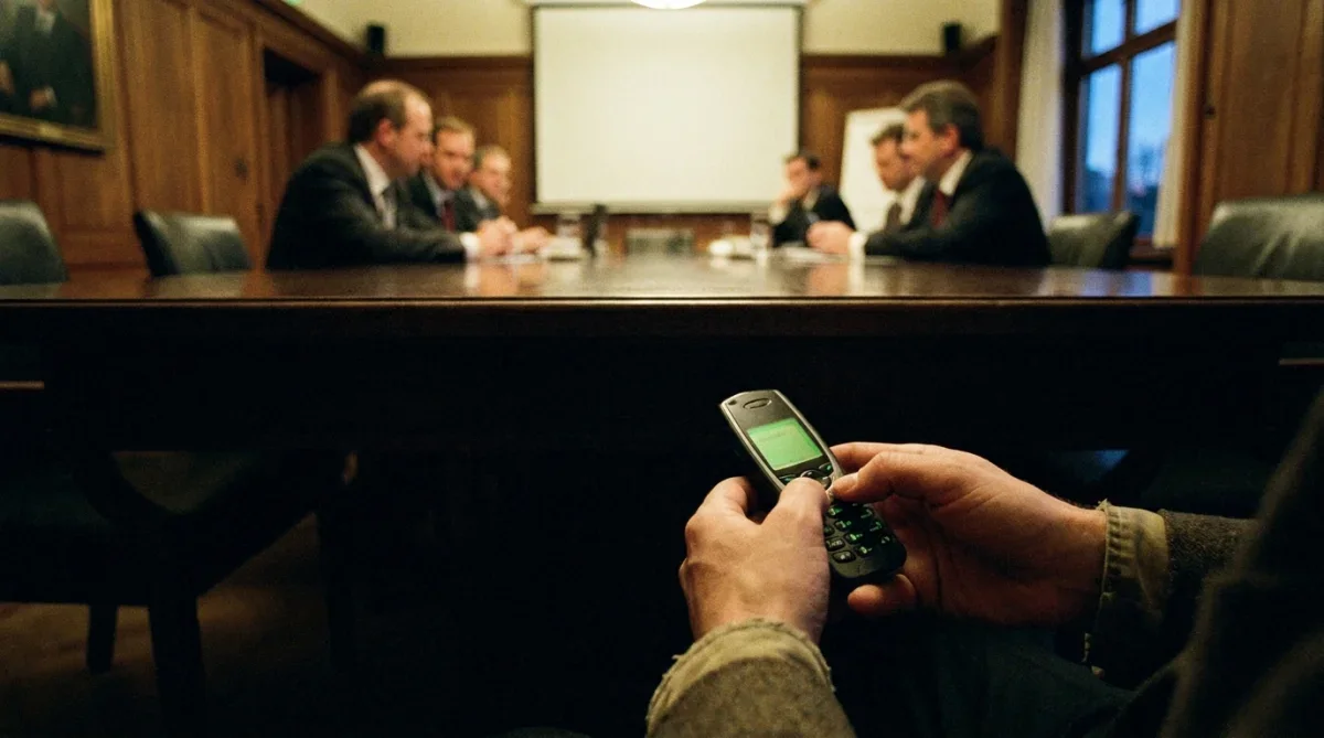Mãos digitando de forma discreta em um dispositivo móvel sob a mesa de reuniões