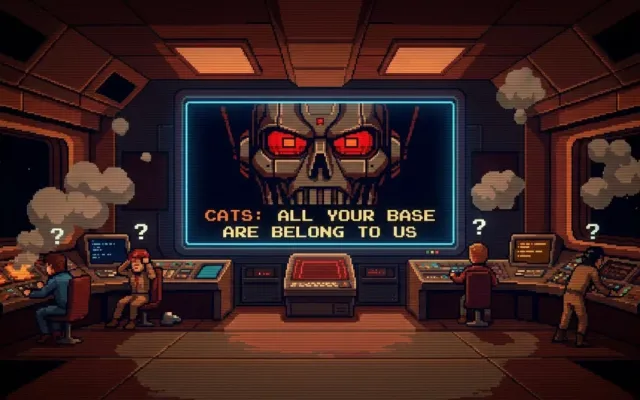 Cena clássica pixelada do vilão CATS na abertura do jogo Zero Wing para Mega Drive.