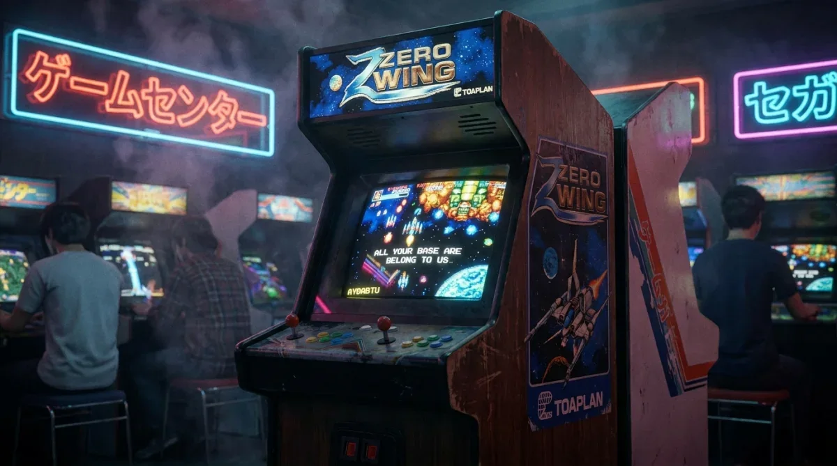 Gabinete de arcade clássico do jogo de tiro espacial Zero Wing lançado em 1989.