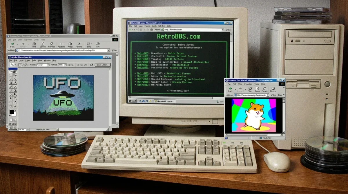 Monitor CRT antigo exibindo fóruns da internet e animações Flash do início dos anos 2000.