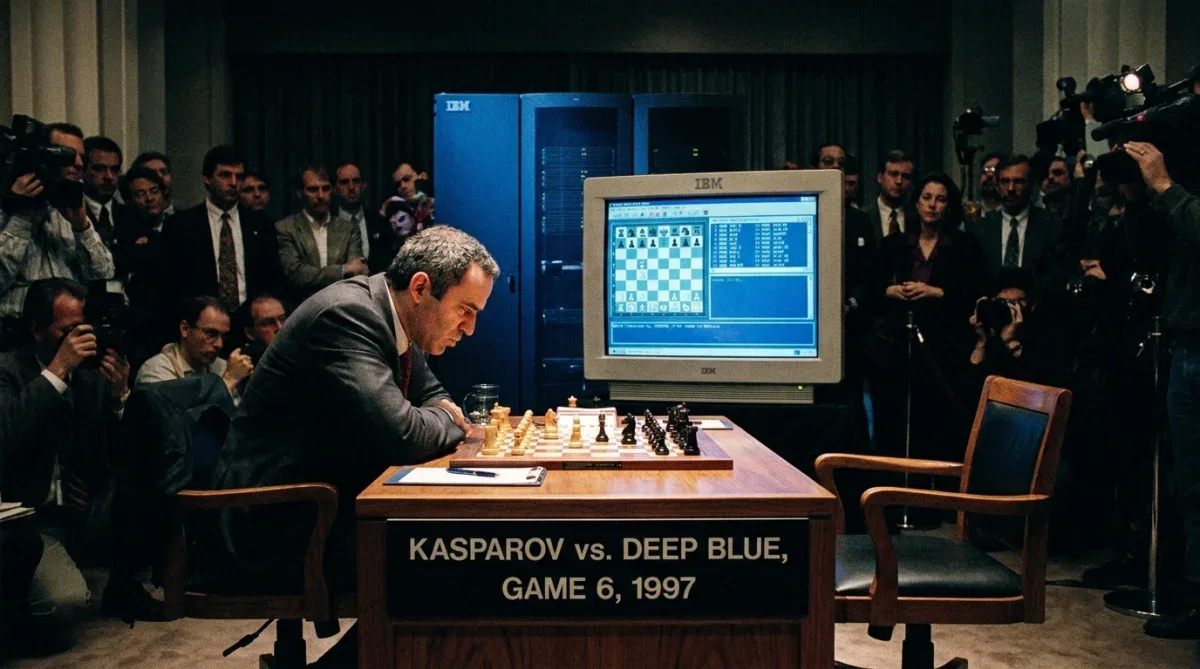 Garry Kasparov sentado em frente ao tabuleiro de xadrez durante a partida contra o supercomputador Deep Blue da IBM em 1997.