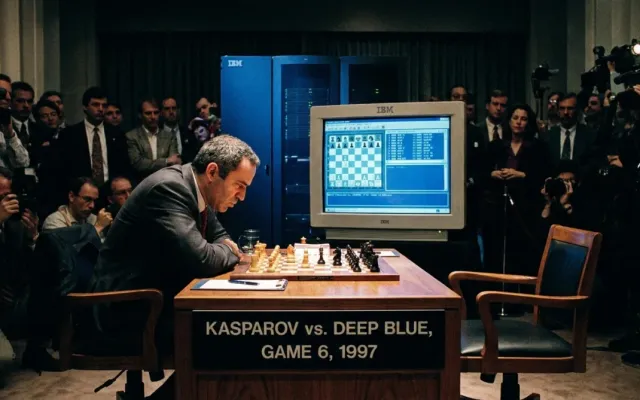 Garry Kasparov sentado em frente ao tabuleiro de xadrez durante a partida contra o supercomputador Deep Blue da IBM em 1997.