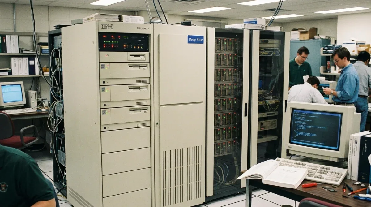 Servidores e processadores especializados do supercomputador IBM Deep Blue desenvolvidos para o cálculo de jogadas de xadrez.