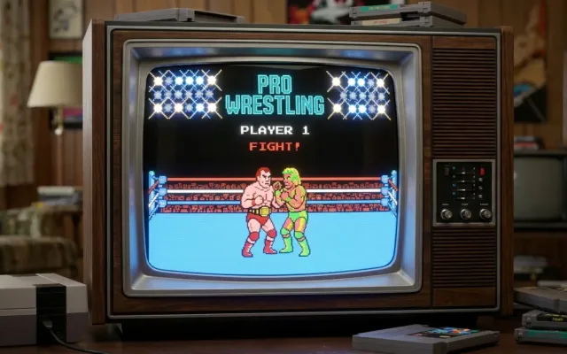 Tela de tubo retrô exibindo o jogo Pro Wrestling do console NES da Nintendo com lutadores no ringue pixelizado.