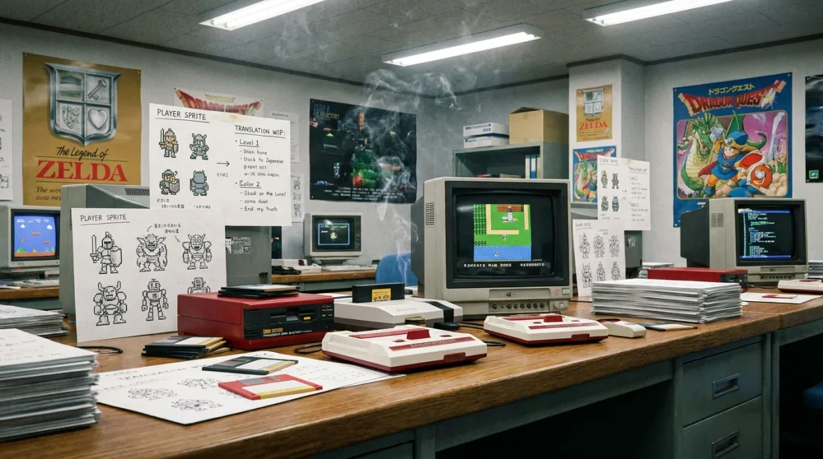 Mesa de desenvolvimento de jogos dos anos 1980 com esboços de lutadores e cartuchos antigos da Nintendo.