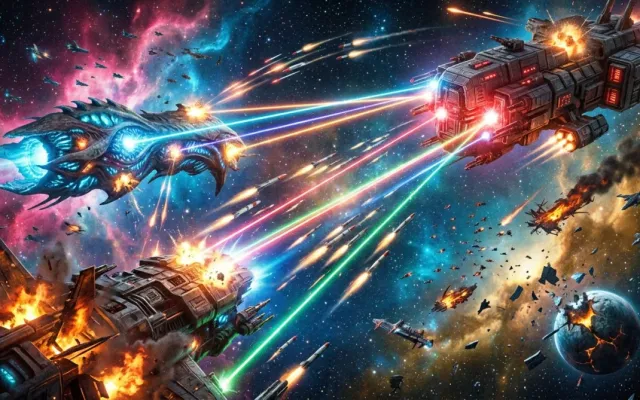 Frotas espaciais gigantescas colidindo em batalha estelar no universo de EVE Online