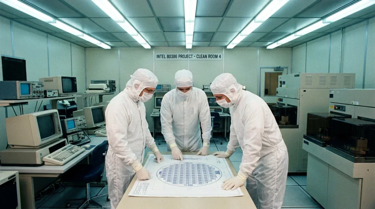 Engenheiros dos anos 1980 trabalhando no projeto de circuitos integrados em laboratório.