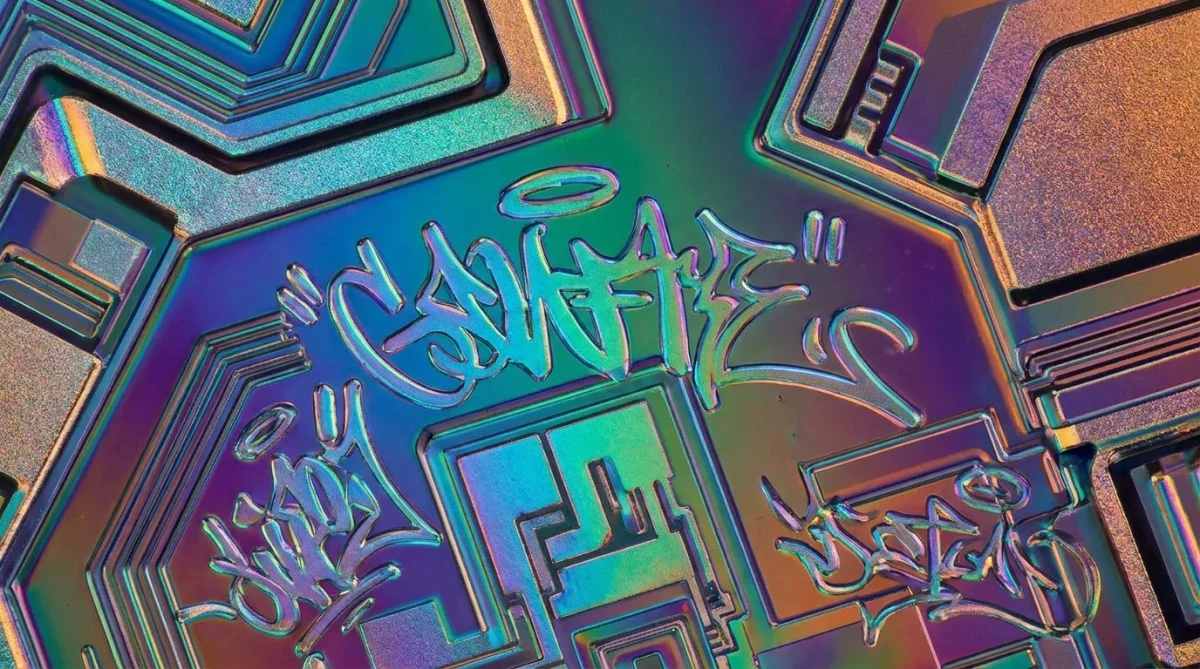 Fotografia microscópica com iluminação polarizada de arte secreta gravada em chip de silício.