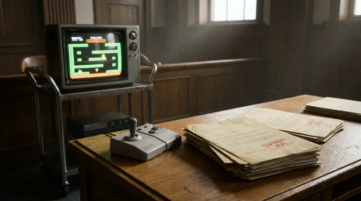 Documentos legais sobre uma mesa de tribunal vintage dos anos 90 com controle clássico de videogame.