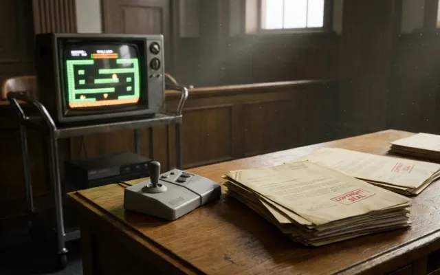 Documentos legais sobre uma mesa de tribunal vintage dos anos 90 com controle clássico de videogame.