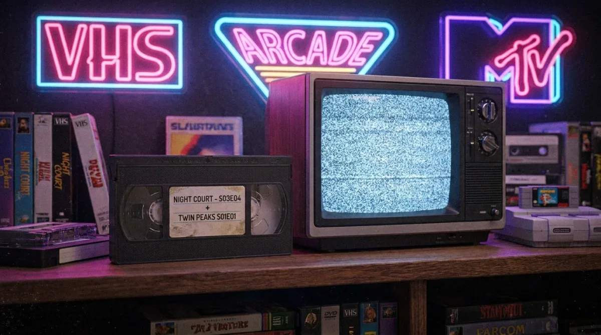 Fita VHS clássica dos anos 90 ao lado de uma televisão antiga de tubo.