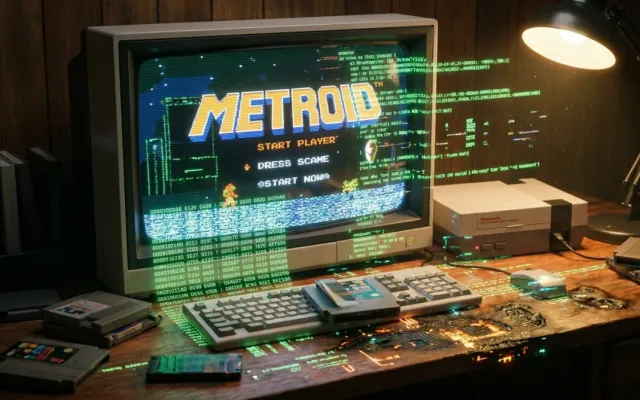 Monitor de tubo antigo exibindo glitch de videogame clássico com códigos digitais