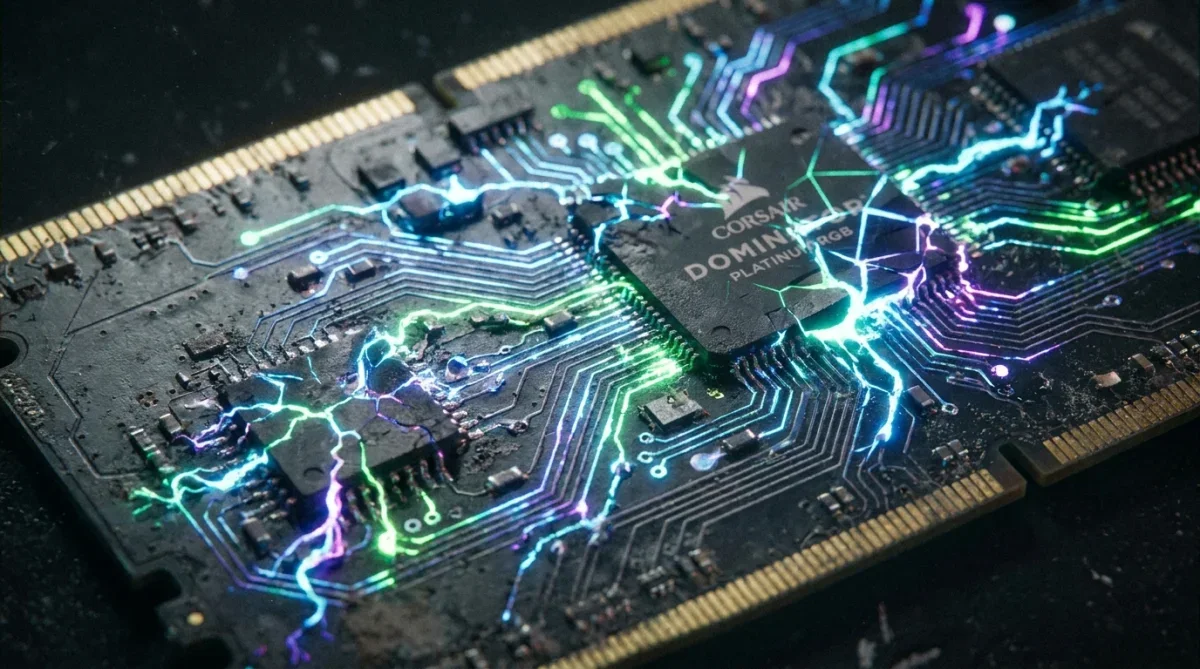 Circuito de memória RAM com feixes de luz representando manipulação de dados