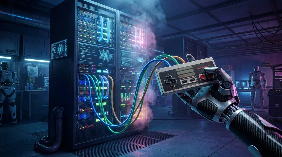 Braço robótico segurando controle de videogame clássico em laboratório de IA
