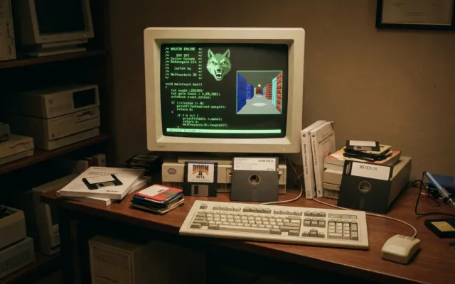 Monitor antigo exibindo linhas de código-fonte de Wolfenstein 3D em ambiente retrô de desenvolvimento.