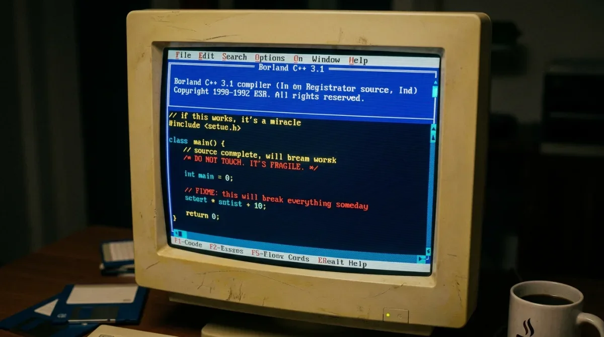 Código de programação em monitor CRT antigo mostrando comentários deixados pelos desenvolvedores de 1992.