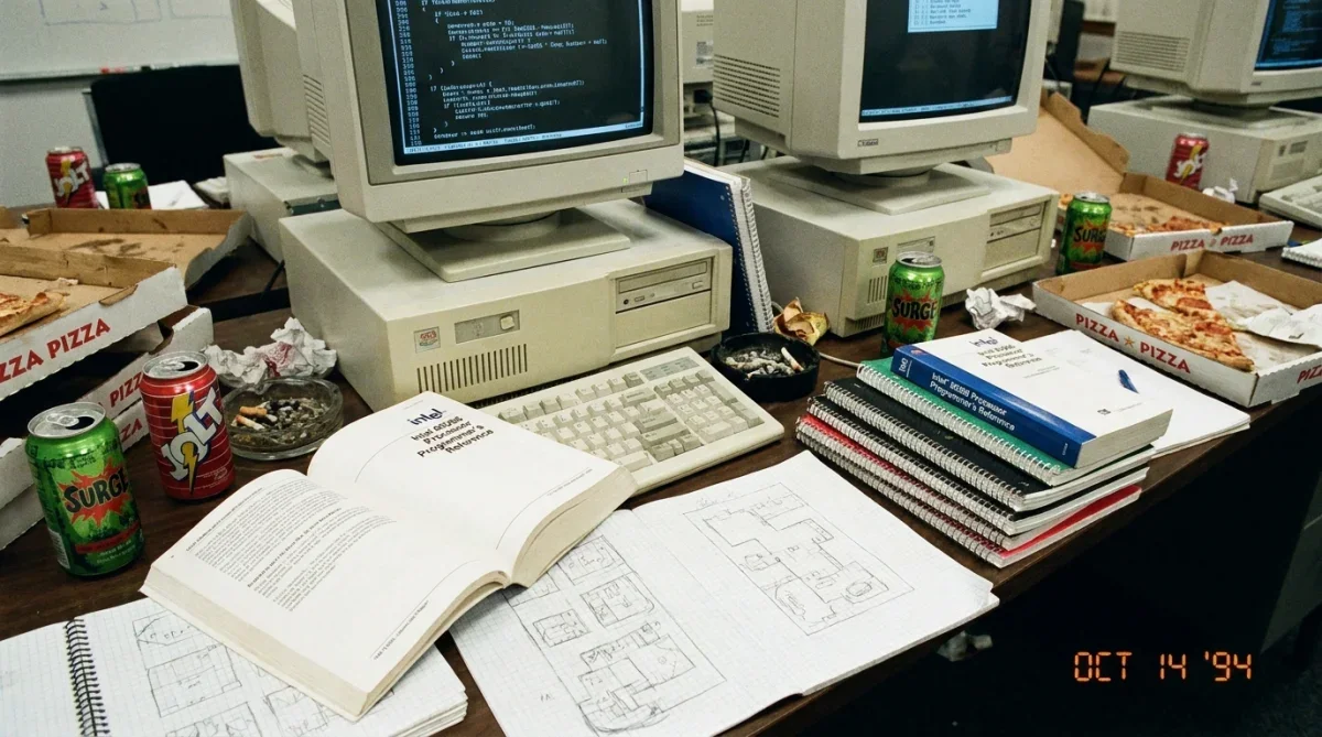 Mesa de escritório de desenvolvimento de jogos dos anos 1990 com computadores e rascunhos de fases.