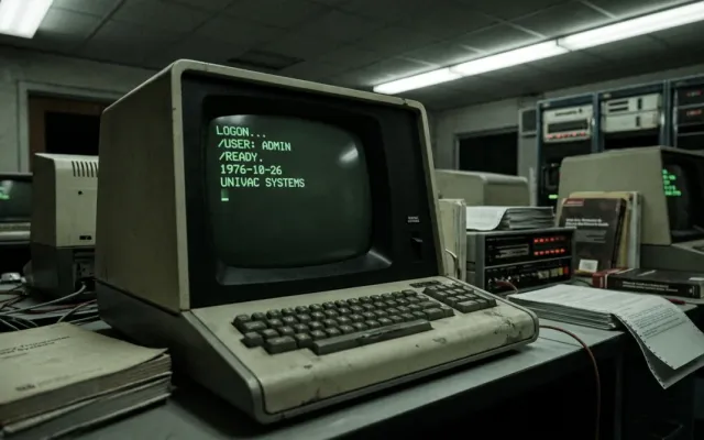 Terminal de computador antigo da década de 1970 exibindo texto fosforescente verde em ambiente acadêmico.