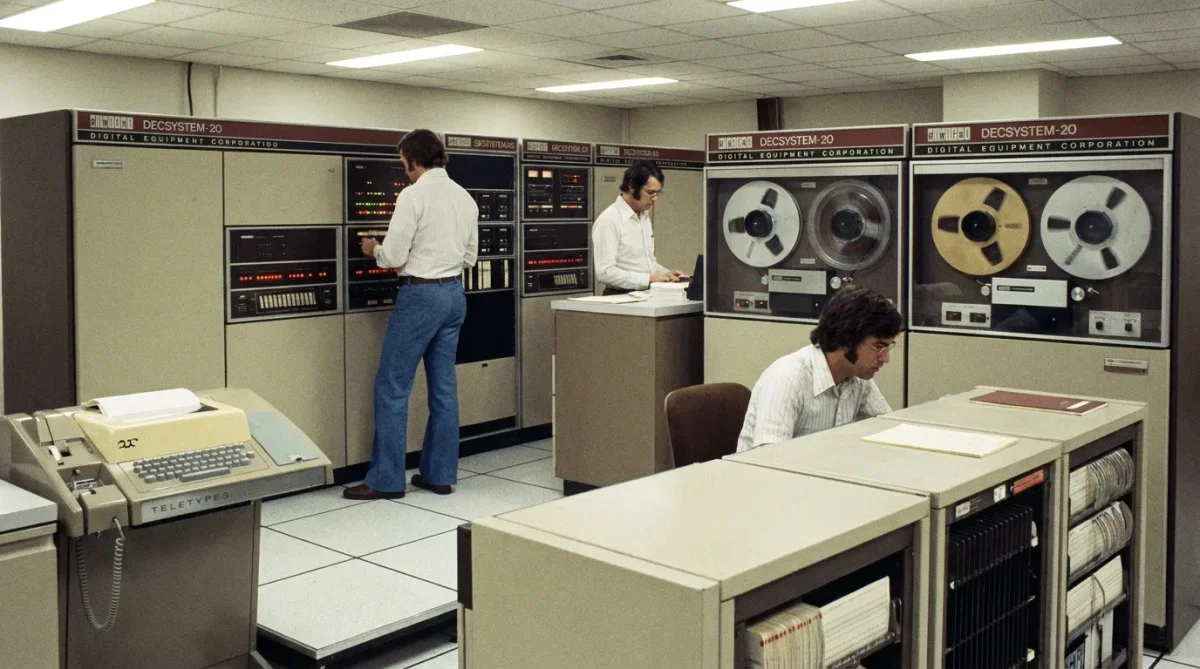 Mainframe DECSYSTEM-20 da Digital Equipment Corporation instalado em uma sala de servidores dos anos 1970.