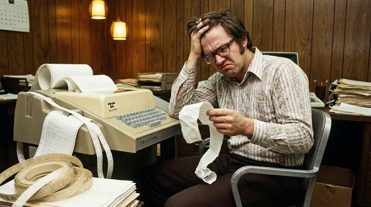 Cientista da computação dos anos 1970 analisando mensagens impressas em um terminal teletipo de papel.