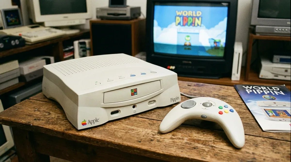 Console de videogame Apple Pippin lançado em 1996 em exibição detalhada com controle