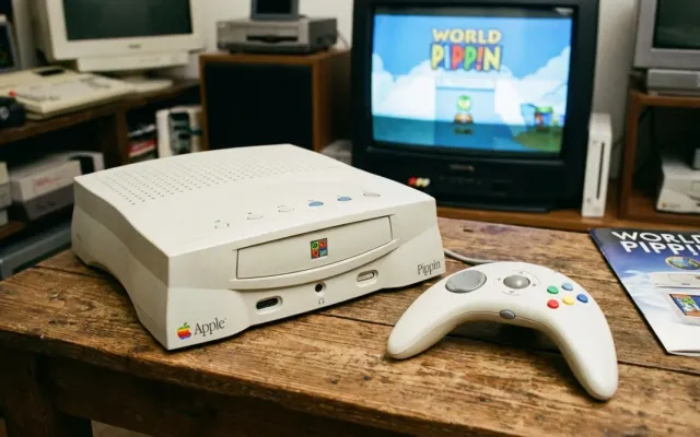 Console de videogame Apple Pippin lançado em 1996 em exibição detalhada com controle