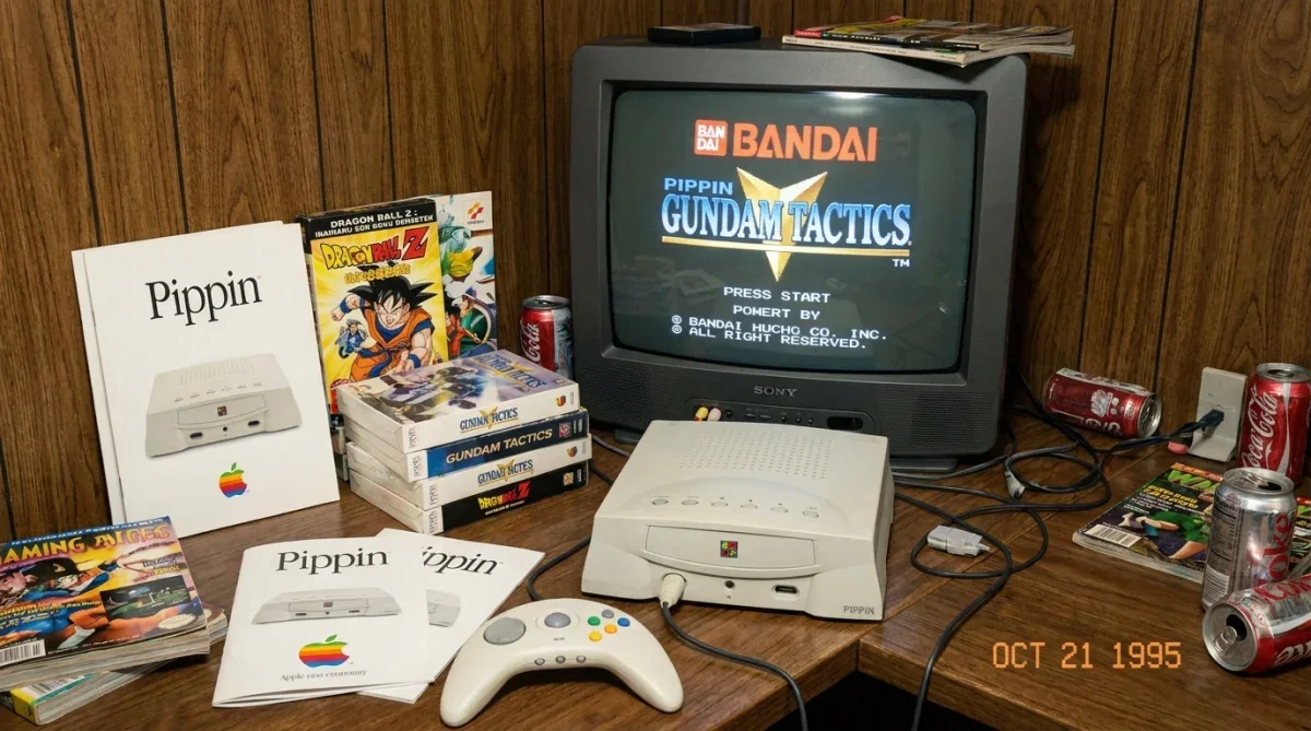 Videogame Pippin da Apple conectado a uma televisão CRT de tubo dos anos noventa