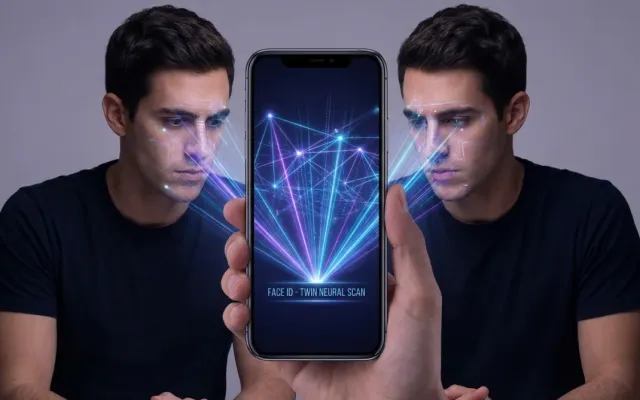 Irmãos gêmeos idênticos olhando para um smartphone com scanner facial biométrico ativo em tela.
