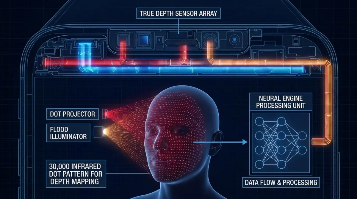 Diagrama de sensores infravermelhos e malha 3D projetada sobre o rosto para reconhecimento facial biométrico.