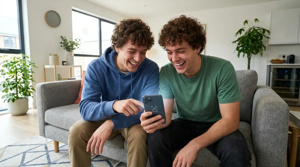 Dois irmãos gêmeos realizando teste de desbloqueio em smartphone moderno com tecnologia de IA.