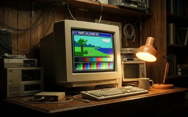 Computador vintage dos anos 1980 exibindo imagem pixelada com restrição de paleta de cores