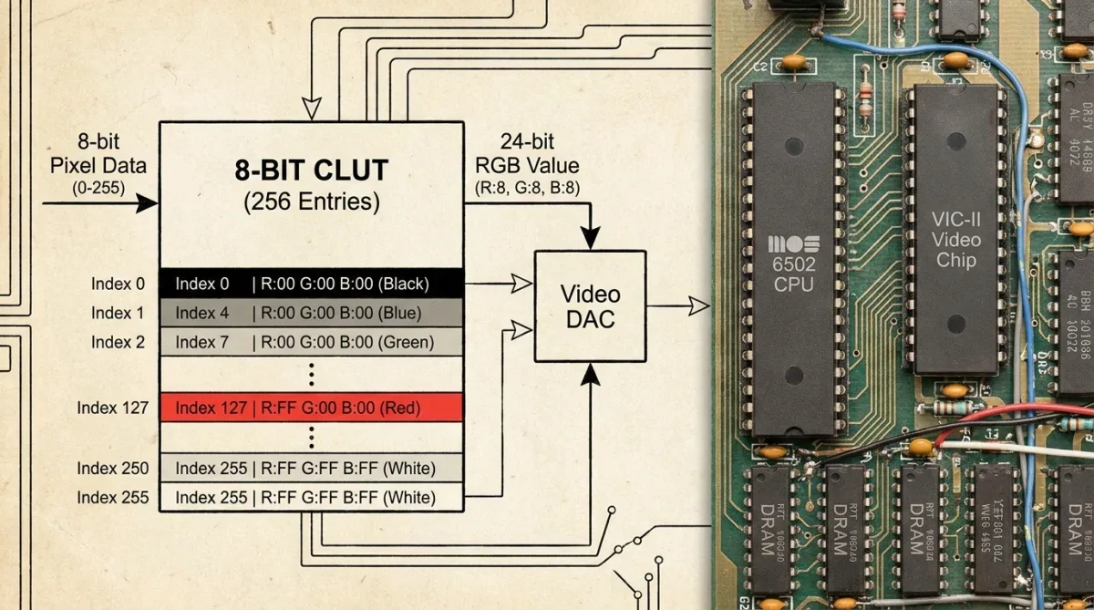 Tabela de cores indexadas de 8 bits ilustrando as 256 cores possíveis no formato GIF