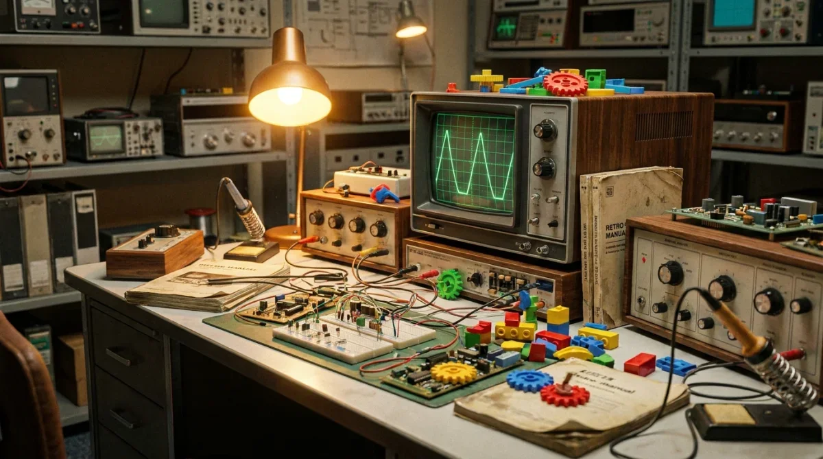 Protótipo de computador antigo montado com circuitos e componentes plásticos improvisados sobre bancada de testes.