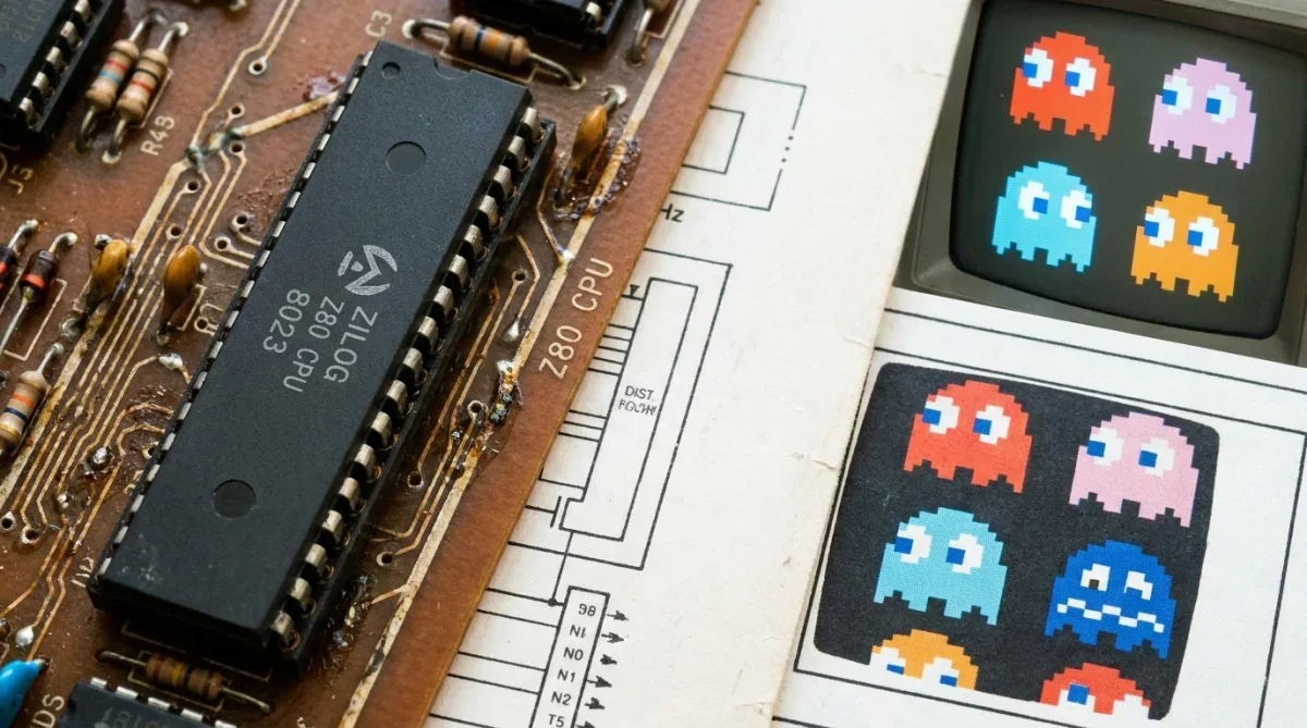 Placa de circuito com microprocessador Z80 e ilustrações conceituais de inteligência artificial retrô.